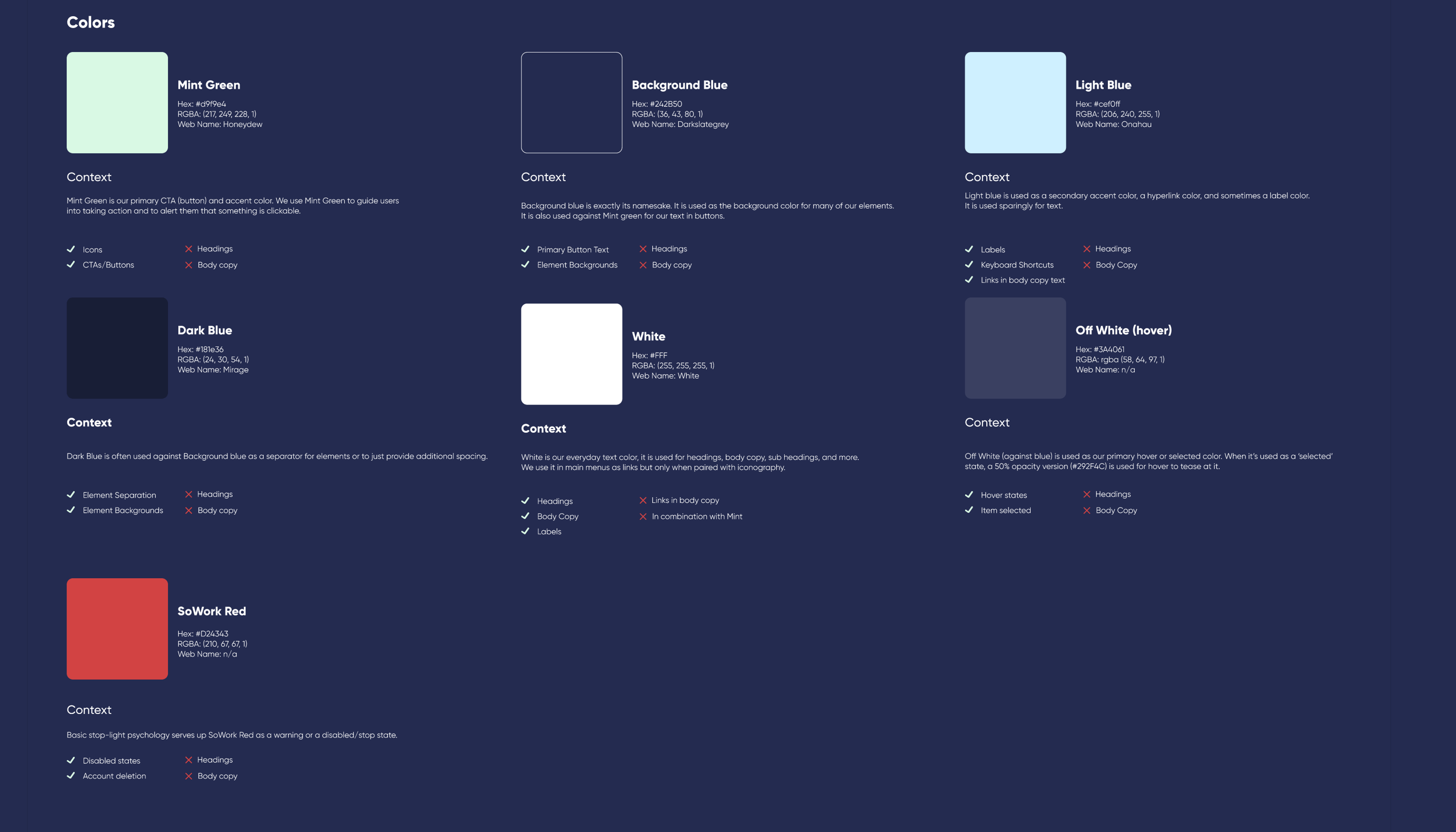 Screenshot of SoWork's colors in the Figma Style Guide